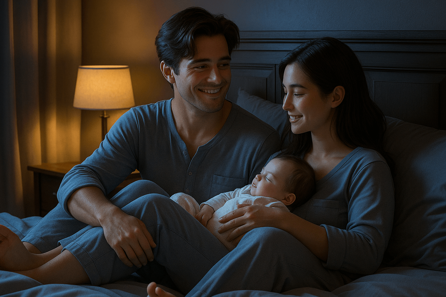 happy couple with baby sitting on bed