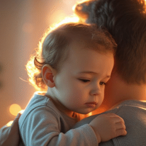 The Calm Parent Playbook Stop Tantrums in 7 Days - The toddler looks emotional but safe, leaning into the parent. Warm lighting or a softly glowing background