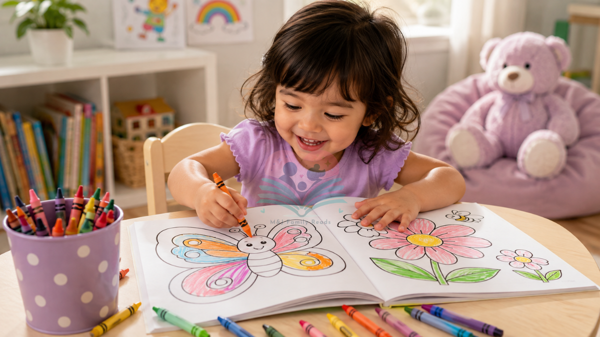 Toddler coloring large simple pictures in a big coloring book for toddlers