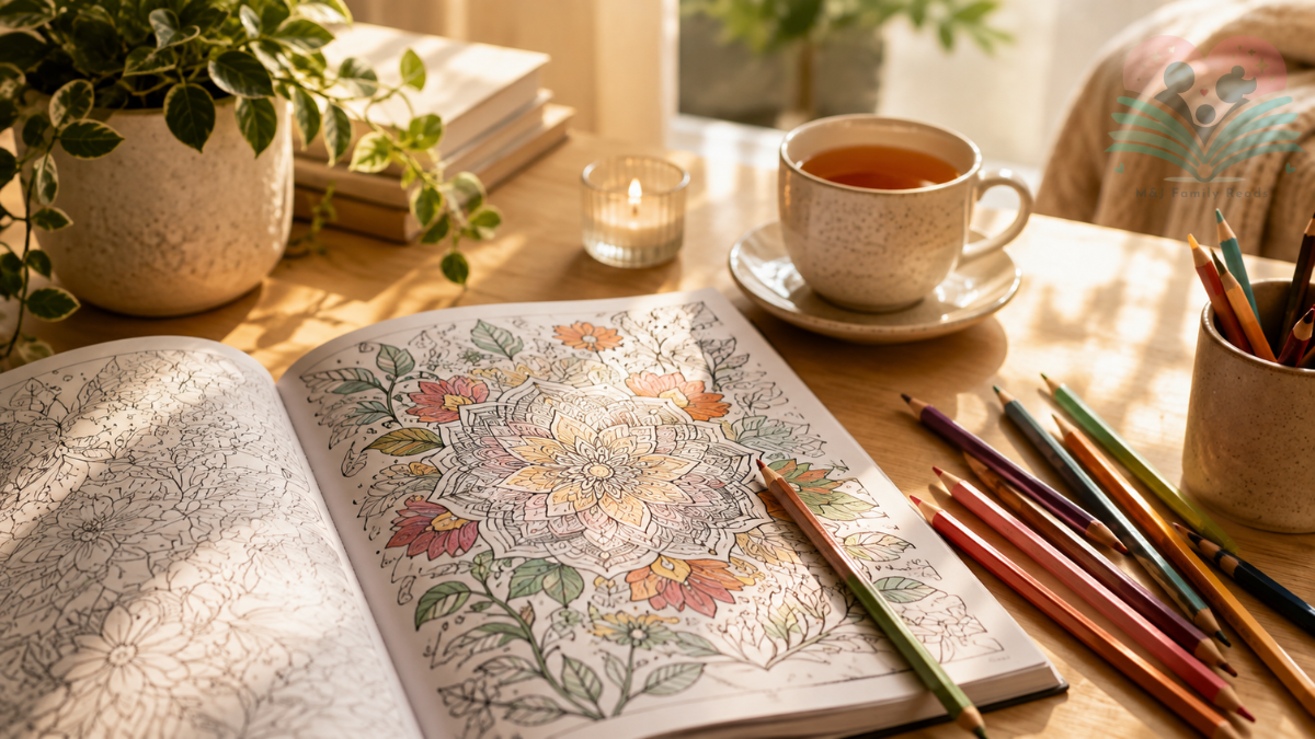 Stress relief coloring book with colored pencils for a relaxing creative activity