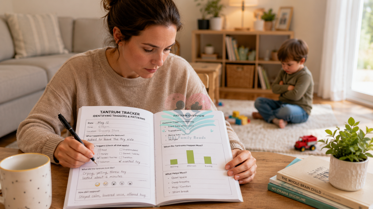 Parent using a tantrum tracker workbook to identify a child’s tantrum triggers and patterns