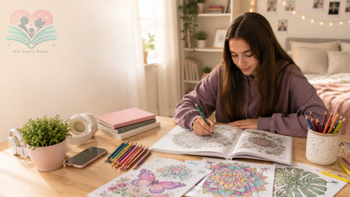 Teen relaxing with coloring books for teens and colored pencils