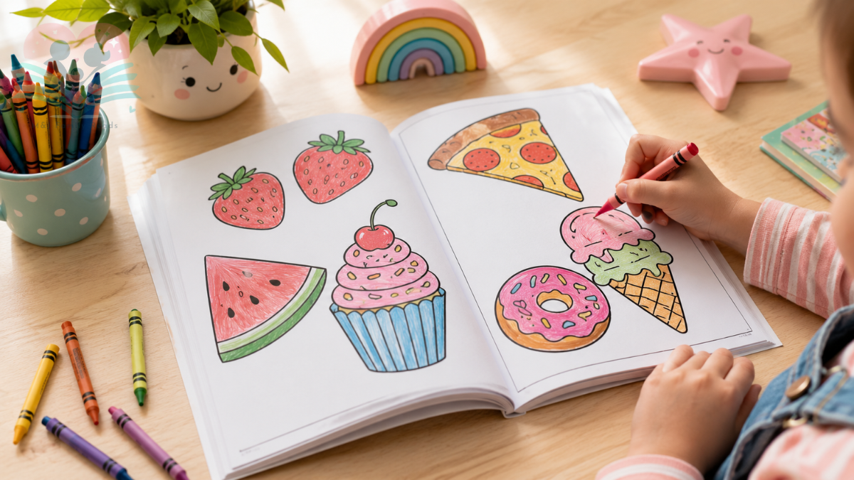 Food coloring book for kids with fun food pictures and colorful crayons