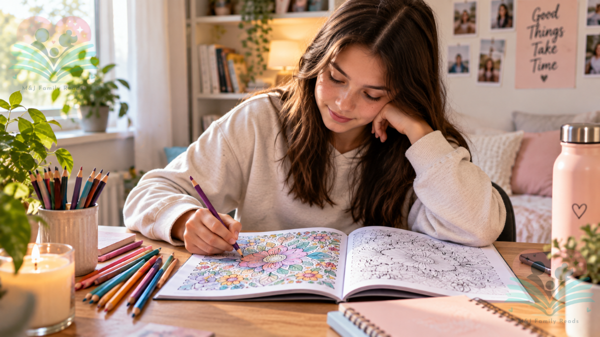 Teenager enjoying a teenage coloring books with colored pencils.